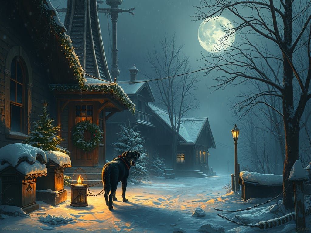 Winter Christmas Scene with Barzoi Dog in Dark Fantasy Style
