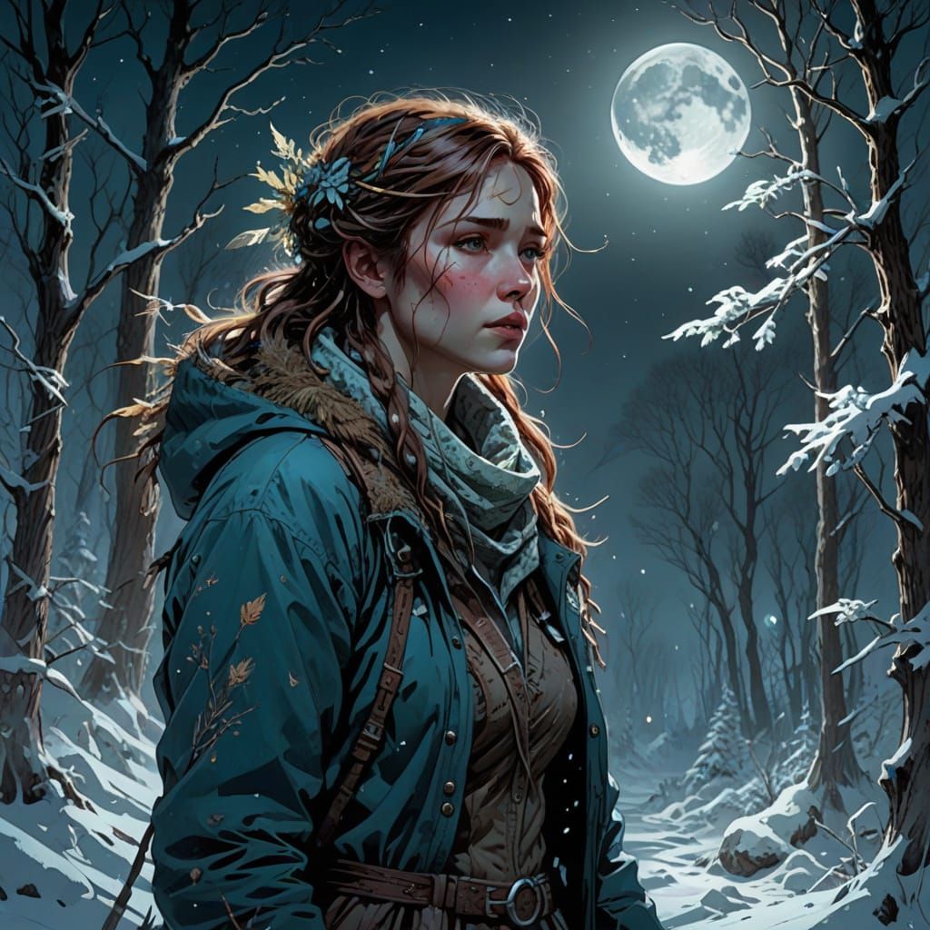 Snowy Wilderness Under Moonlight: Detailed Concept Art