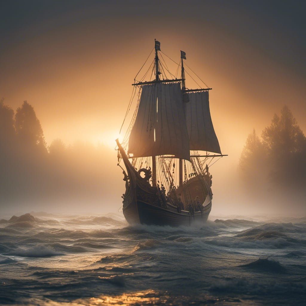 Viking Ship Emerges from Dawn Fog