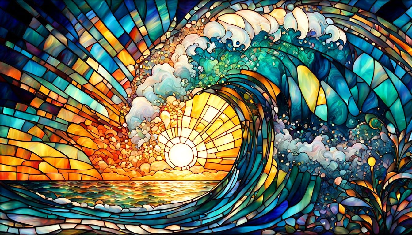 Majestic Stained Glass Wave in Gothic Revival Style