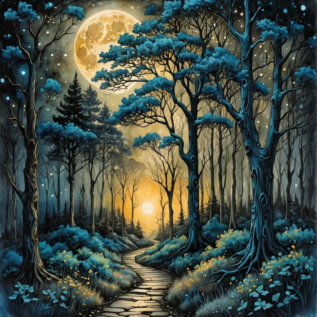 Moonlit Arabesque Forest in Rich Blues