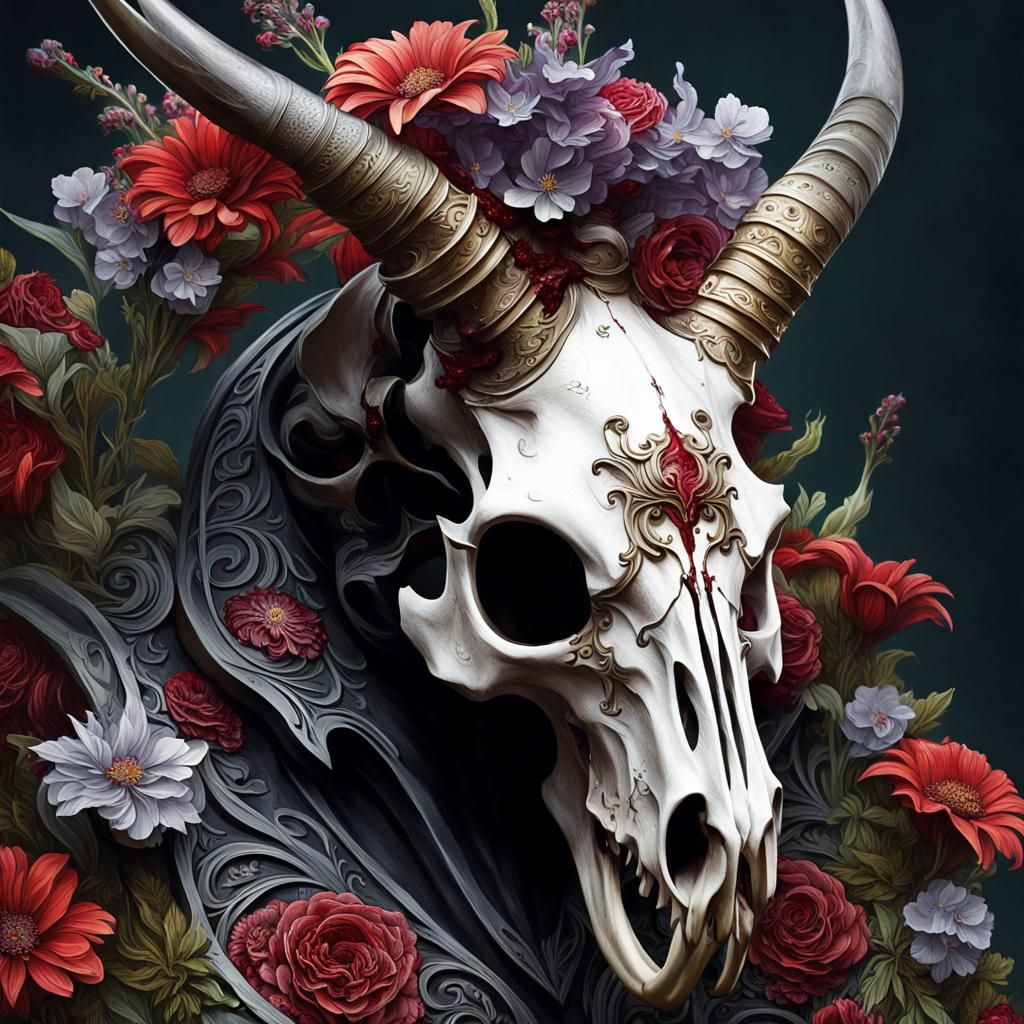 Bloody Horned Horseskull Surrounded by Flowers