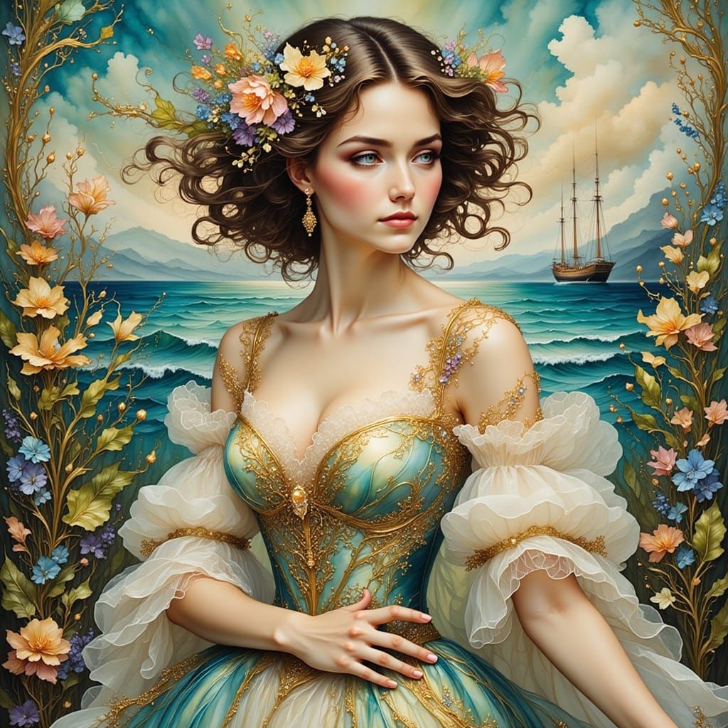 Elegant Woman's Portrait in Fantasy Ink Art Style
