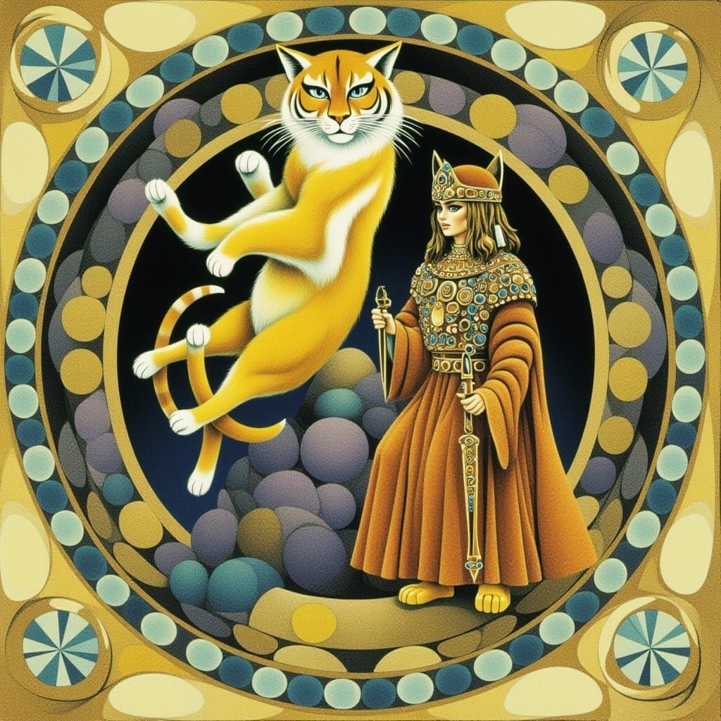 Stylized Cat Character in Feline Folk Style