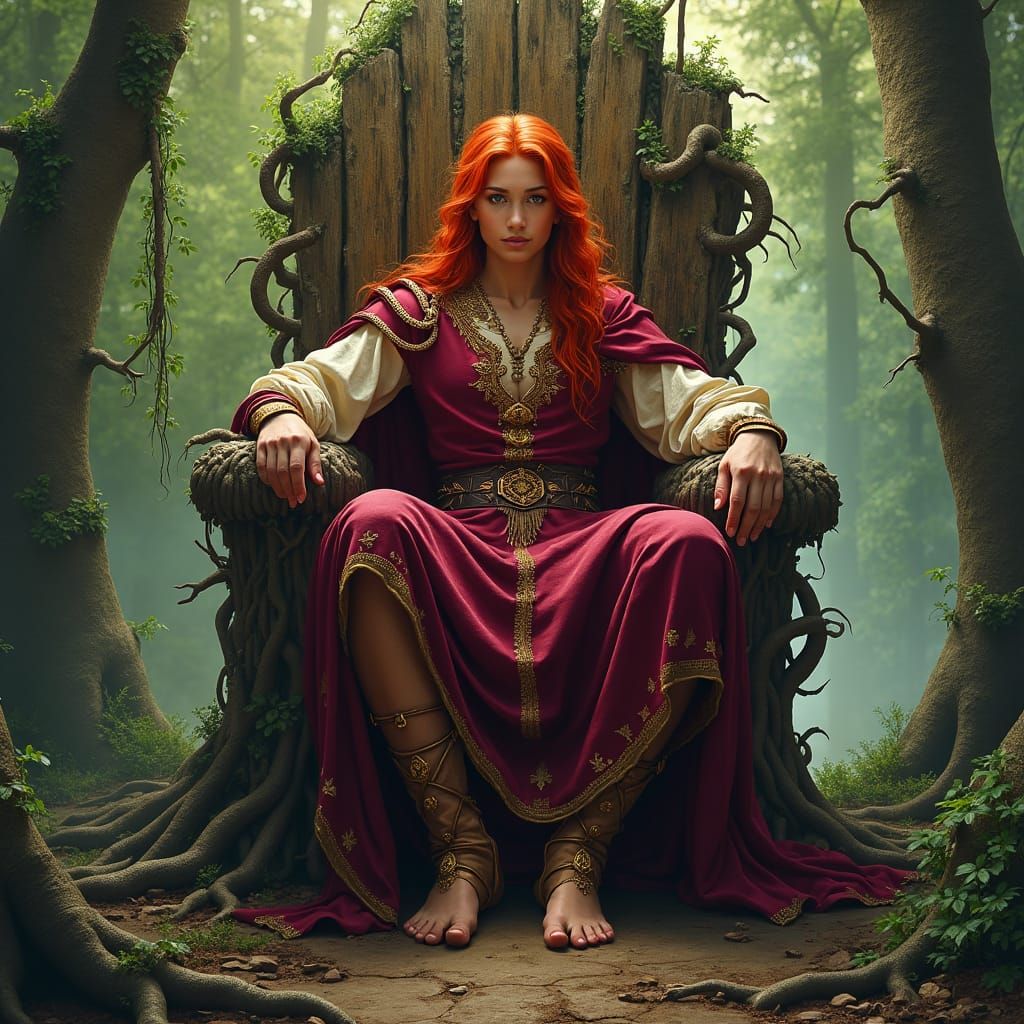 Fiery Noble on Throne: A Frazetta-Inspired Oil Painting