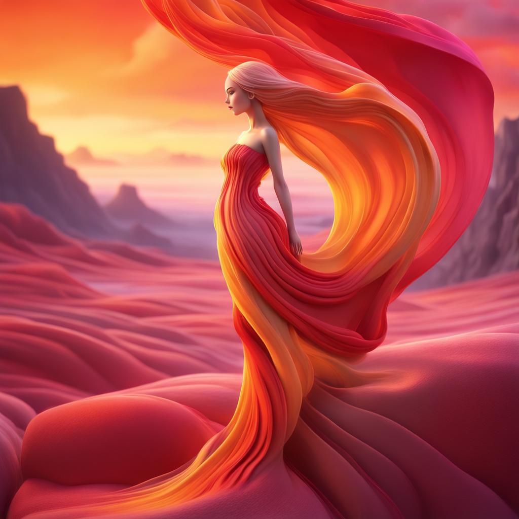 Chibi Woman with Flowing Dress in Sunset