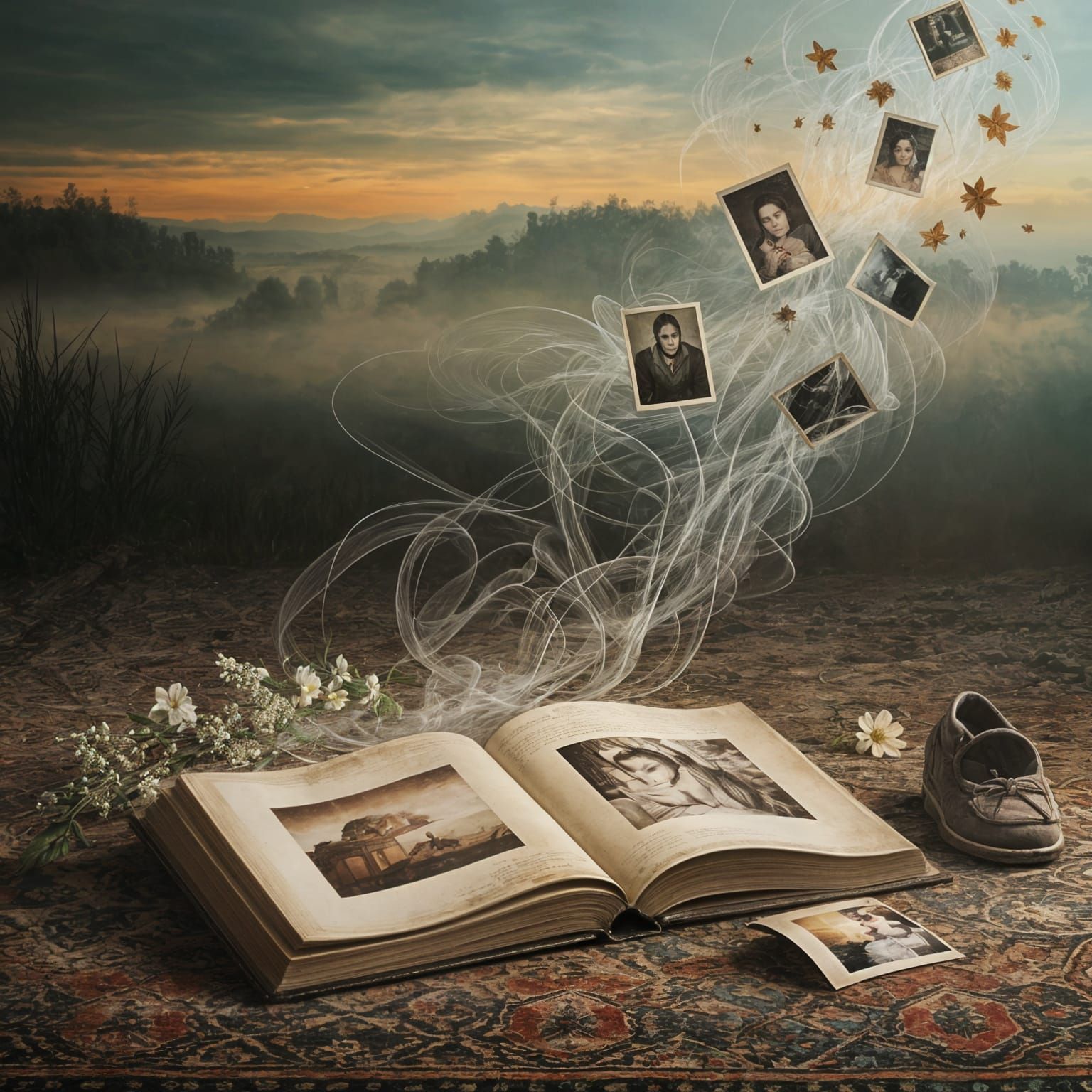 Surreal Photo Album Scene with Floating Images and Faded Flo...