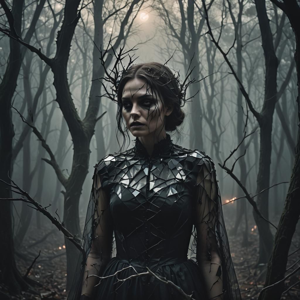 Gothic Surrealism: Glass Woman in Eerie Forest