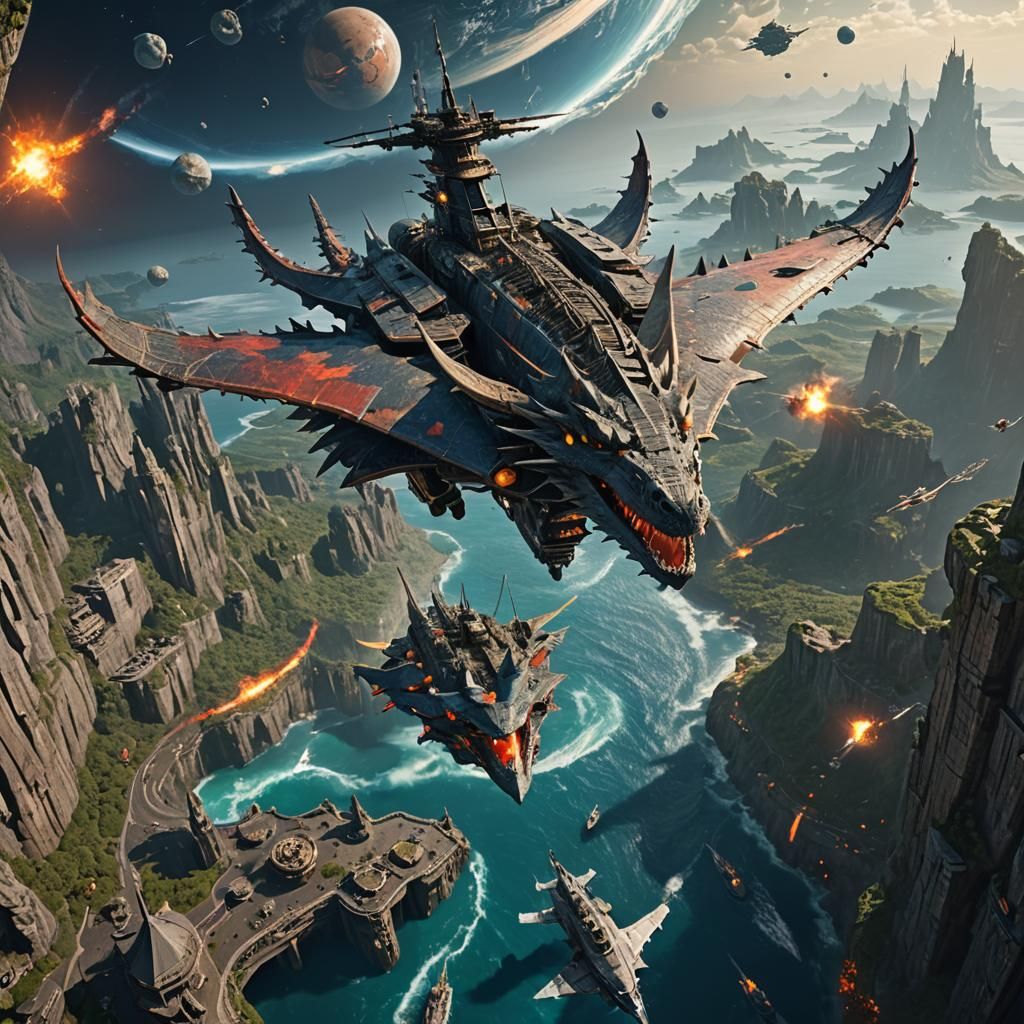 Dragon-Class Warship Over Nassau in Fantasy Art
