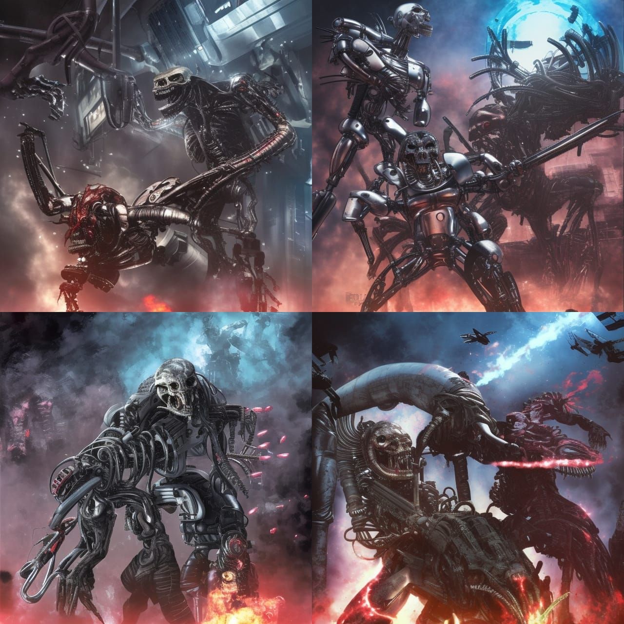 Terminator, Predator, and Aliens Battle in Anime Style