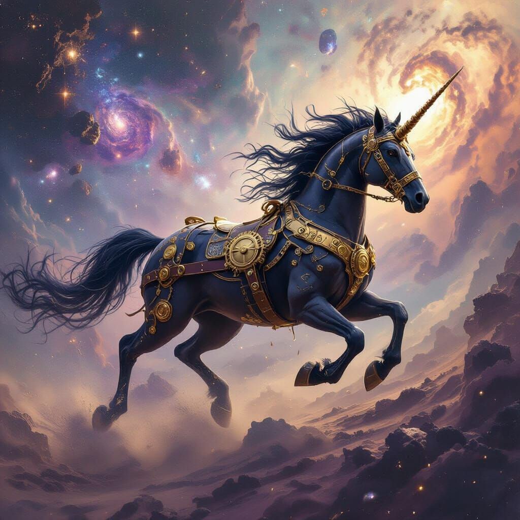Centaur Galloping Through Nebula in Steampunk Concept Art St...