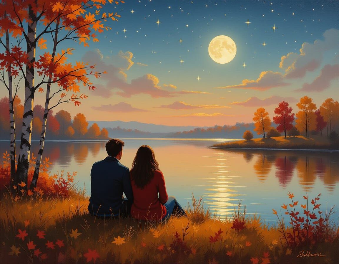 Romantic Autumn Night: Couple Stargazing, Oil Painting