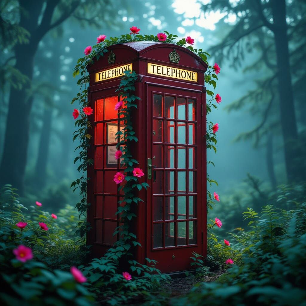Enchanted Forest Telephone Box with Luminescent Flowers