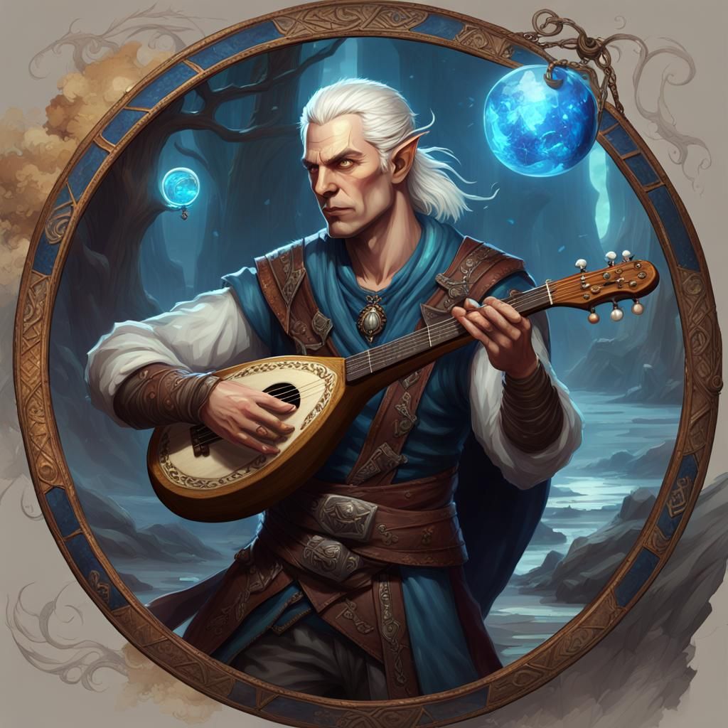 Half-Elf Bard-Warlock Plays Magical Lute: Fantasy Art