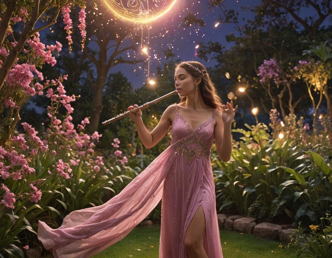 Woman's Flute Serenade in a Magical Night Garden