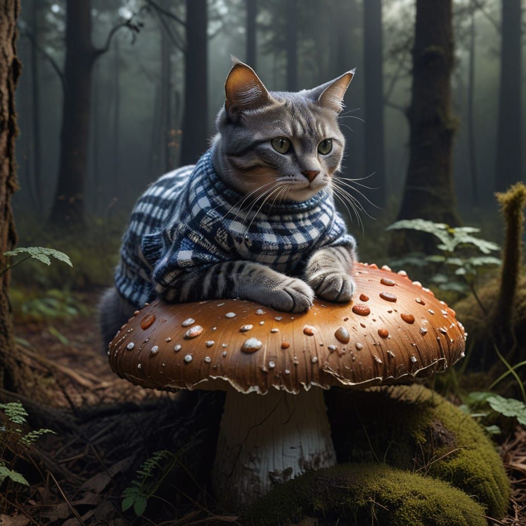 Whimsical Gingham Cat in Mystical Woodland