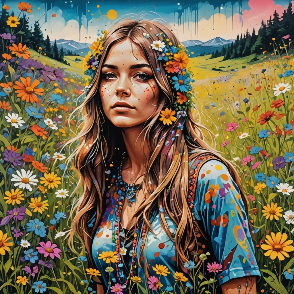 1960s Hippie Girl in Wildflower Meadow, Graffiti Art