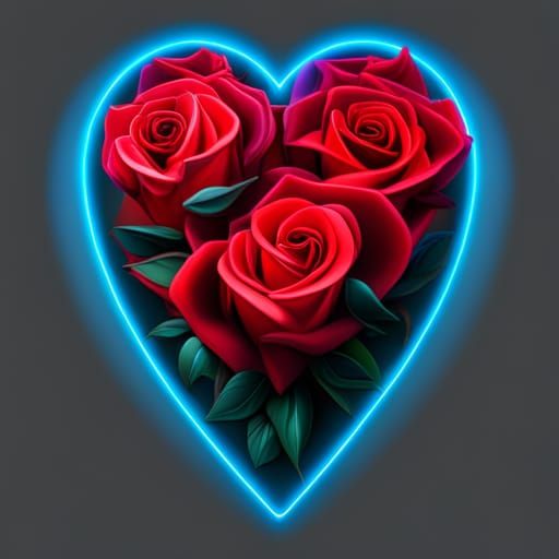 Neon Red Roses Surrounded By A Neon Blue Heart