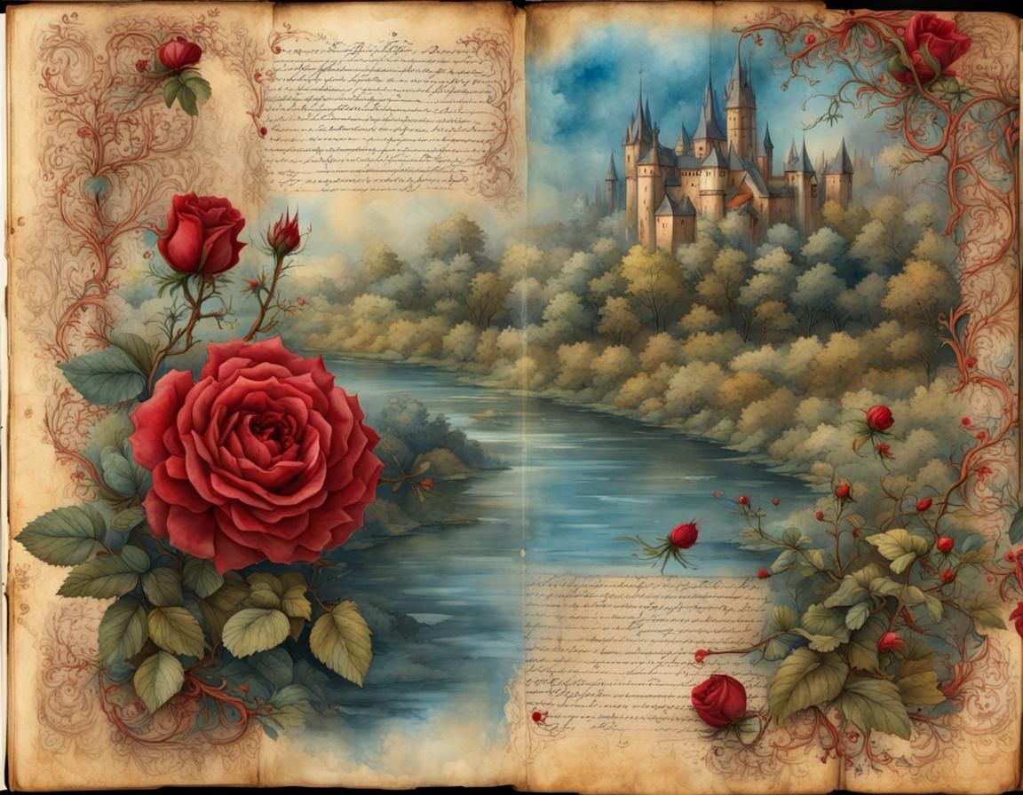 Vintage Journal Page with Roses and River, Watercolor Style