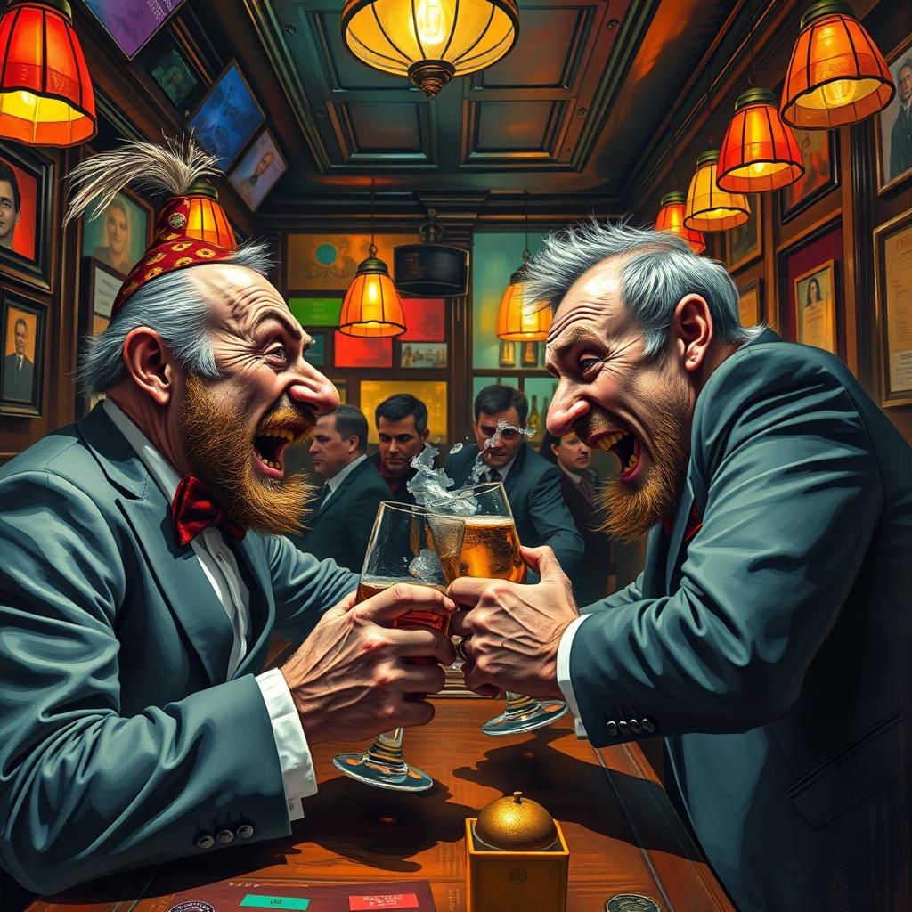 Whimsical Men Fighting in London Bar, Abstract Art
