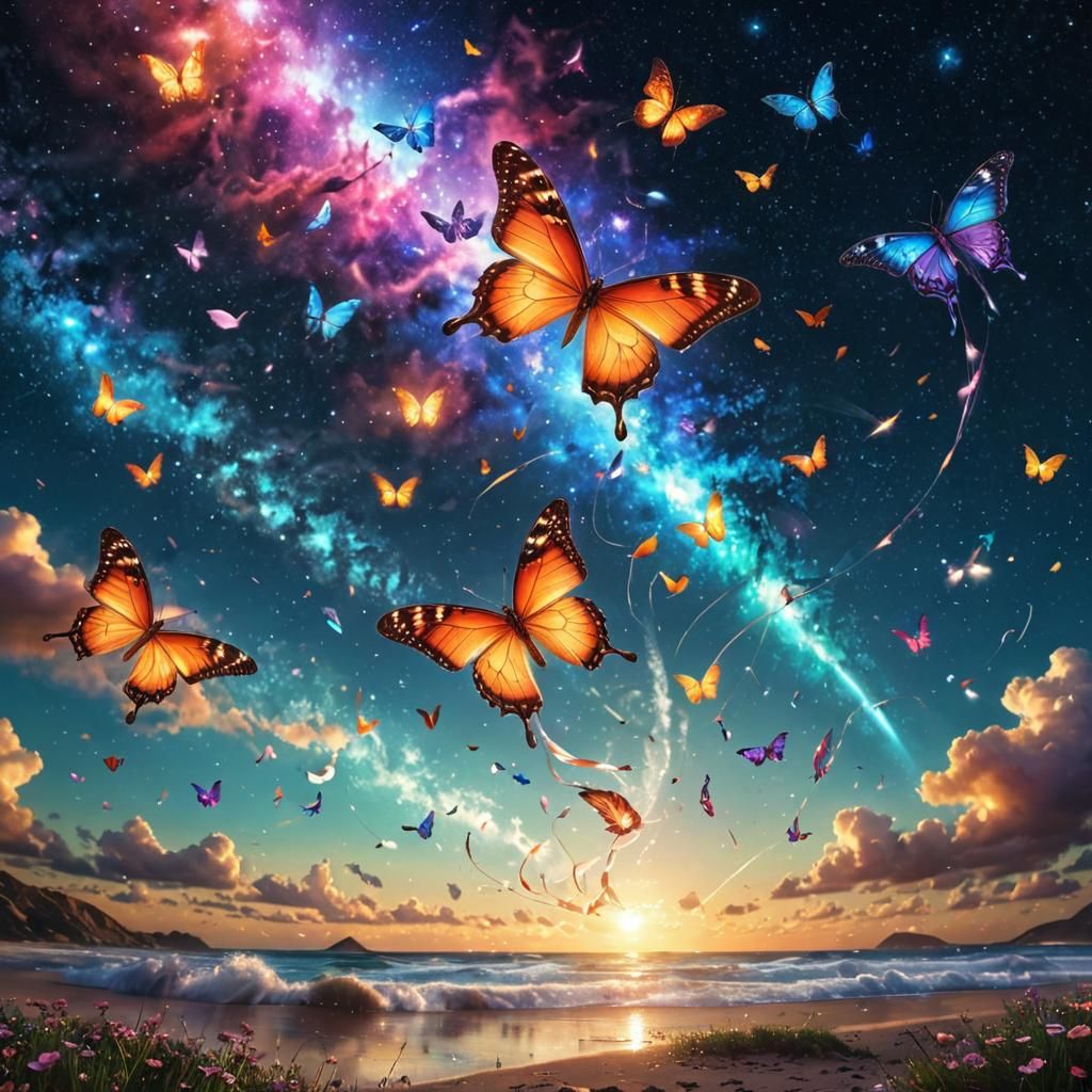 Cosmic Butterfly Soaring Among Colorful Kites