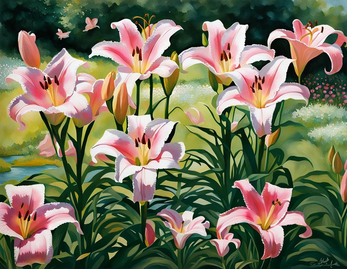 Dreamy Lilies with Kittens in Garden Setting