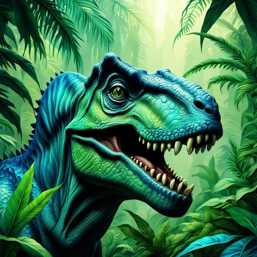 Detailed Dinosaur Face in Jungle, Digital Art