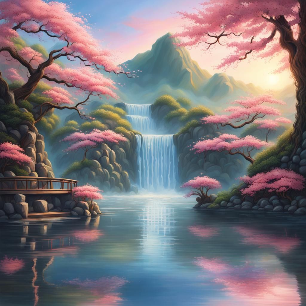 Hyperrealistic Dawn Scene with Lake and Blossoms