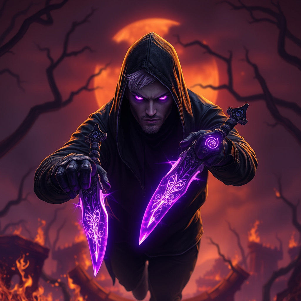 Brooding Rogue with Energy Daggers in Ominous Setting