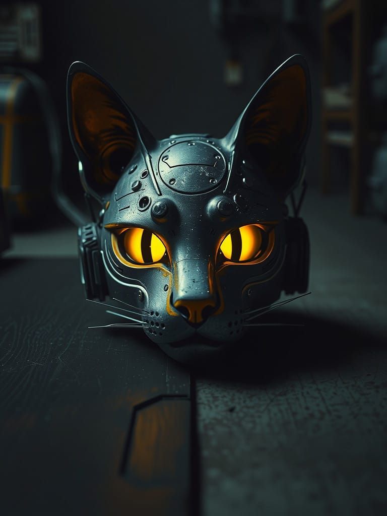 Cybernetic Cat Mask in Distressed Futuristic Style