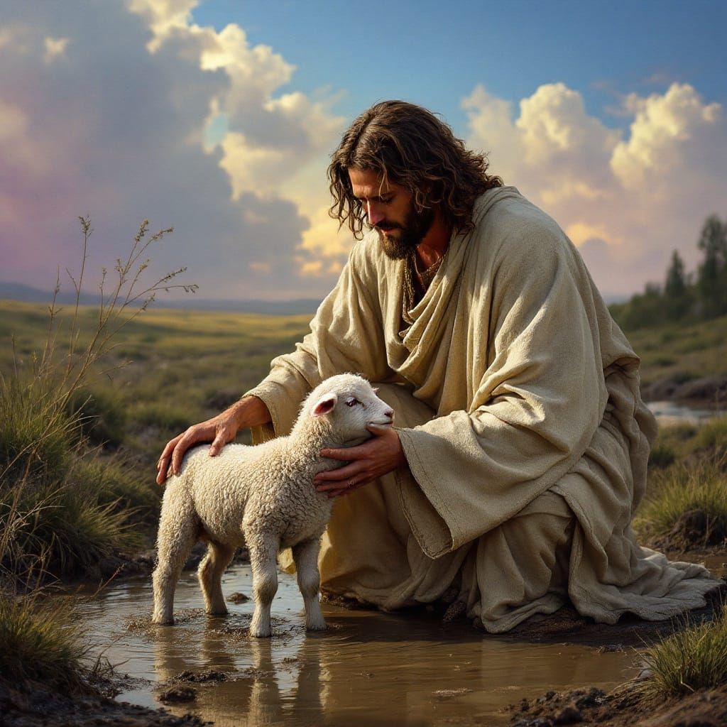 Jesus Rescues Lamb in Wilderness: Hyperrealistic Art