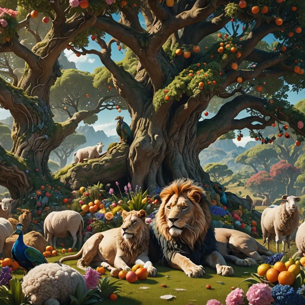 Paradise: Lion and Sheep in a Garden of Peace