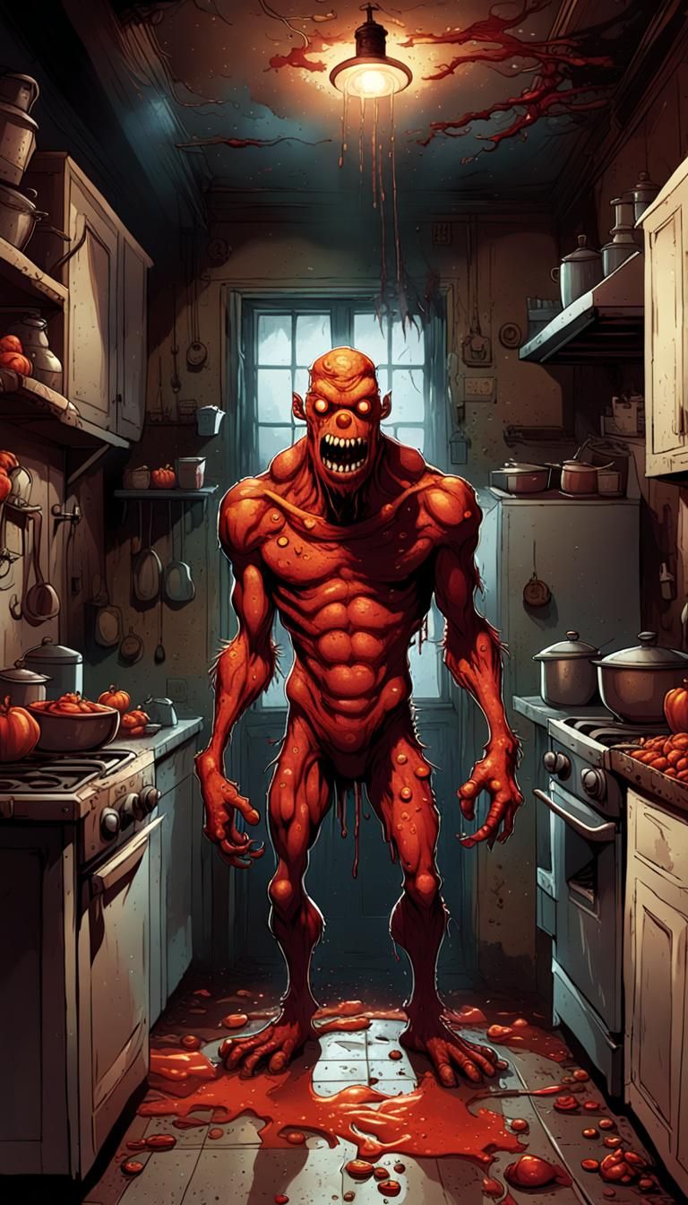 Grotesque Paprika Monster in Old Kitchen: Comic Book Art