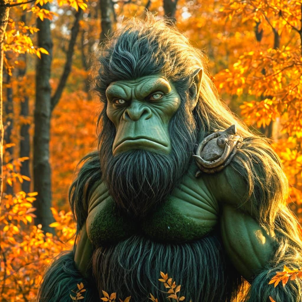 Green Hairy Troll in Autumn Forest