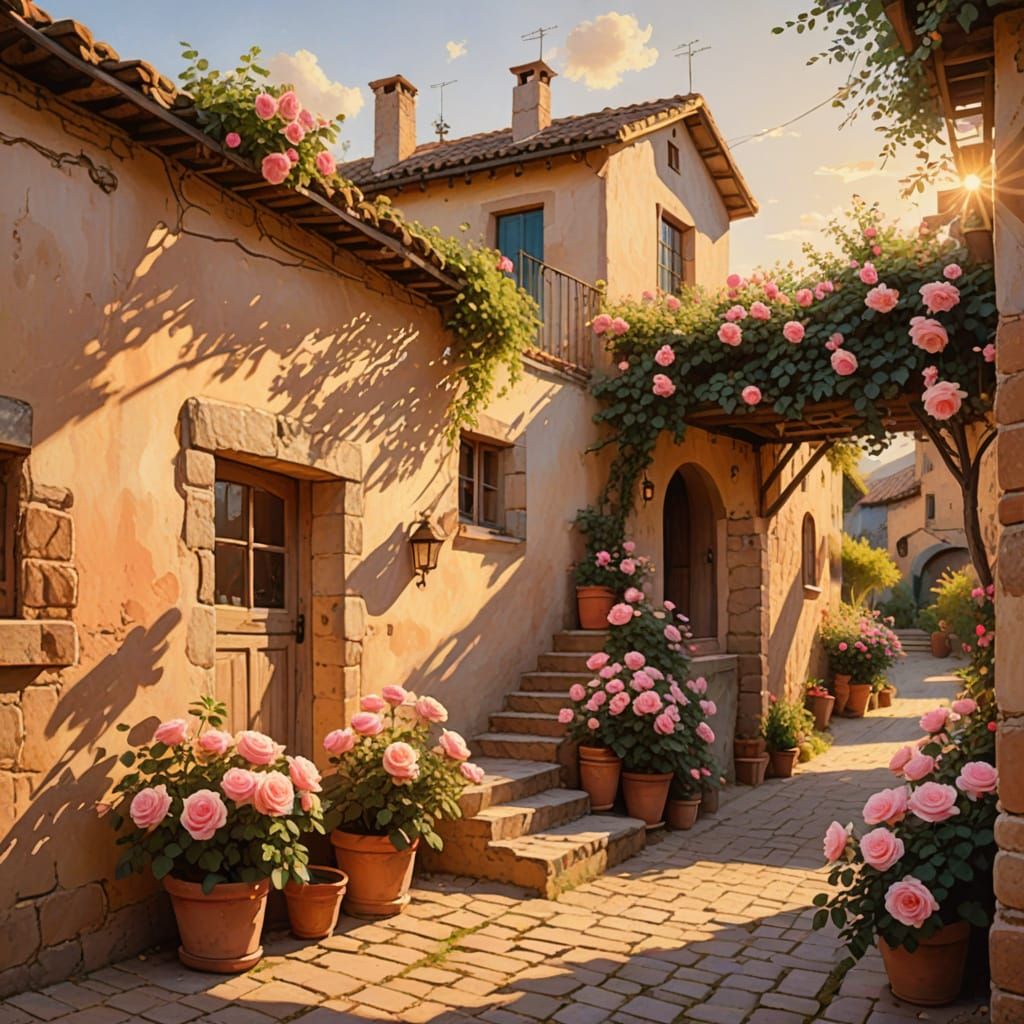 Impressionist Village Scene with Roses in Golden Light