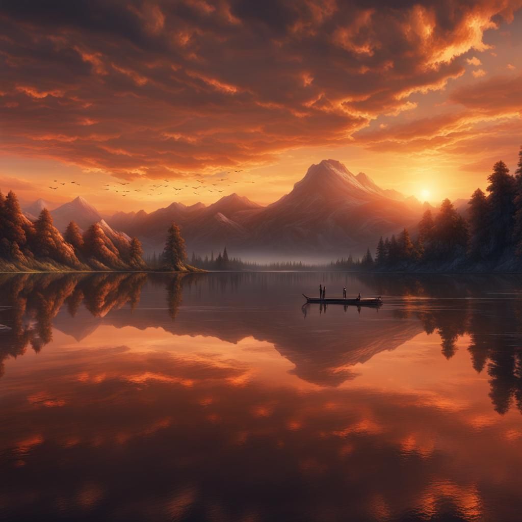 Spectacular Sunset Lake Digital Matte Painting
