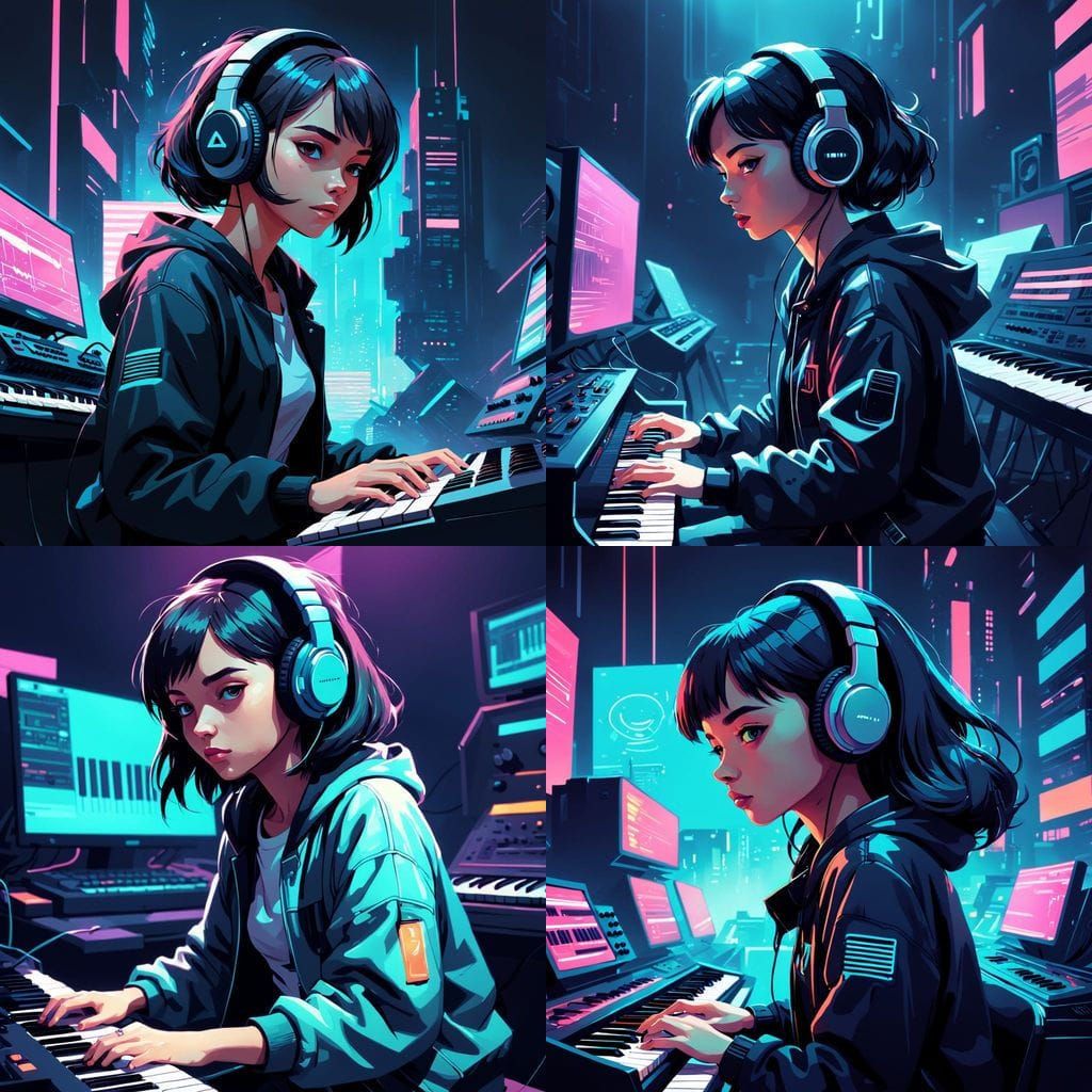 Ethereal Cyberpunk Musician in Retrofuturist Dreamscape