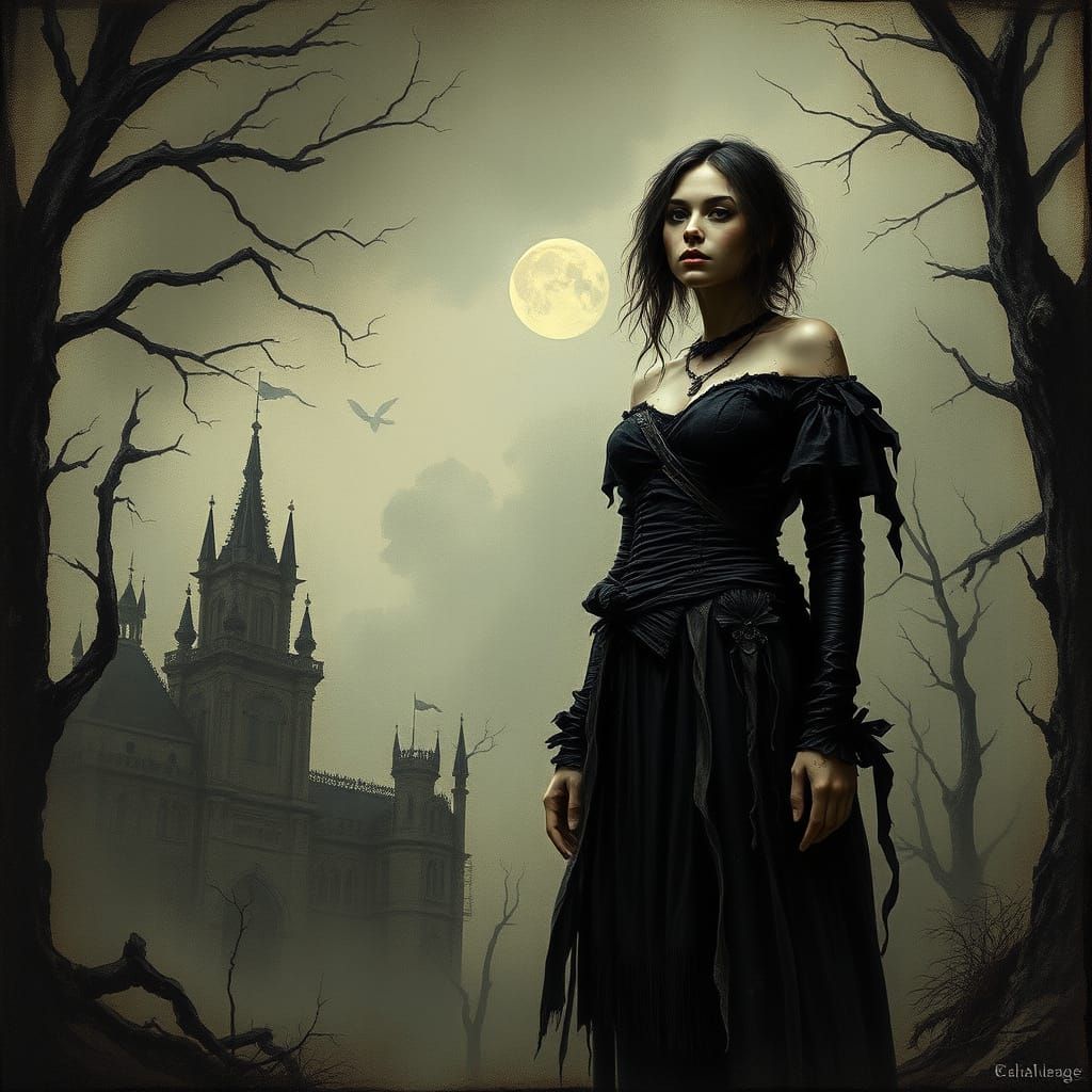 Dark Fantasy Woman in Haunting Mystical Landscape