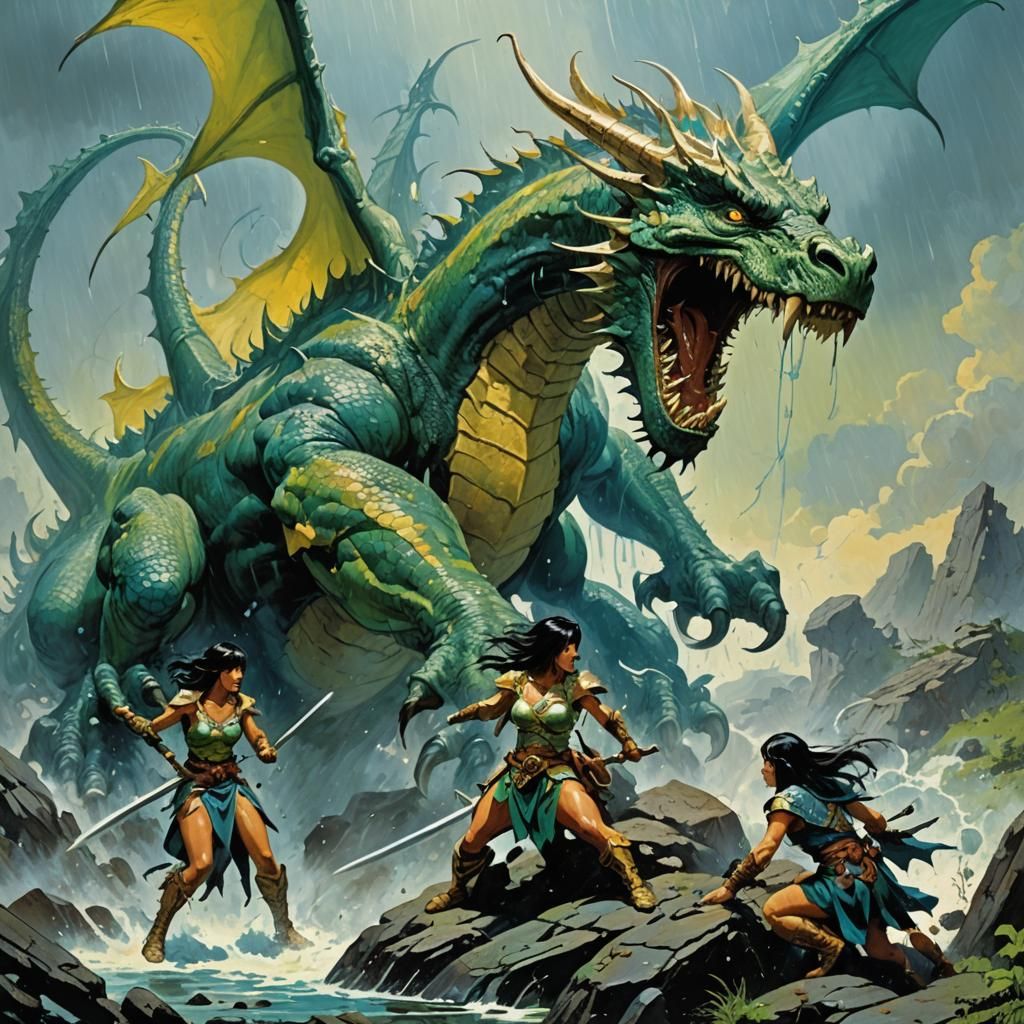 Wounded Dragon in Rain: Frazetta-Style Abstract