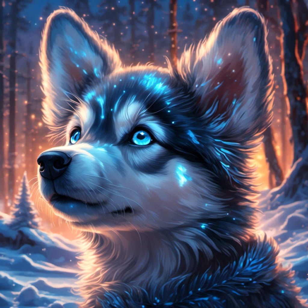 Adorable Husky Puppy in Bioluminescent Winter Forest