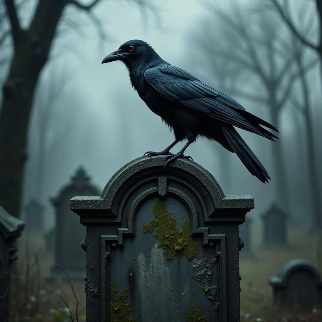 Misty Raven on Gravestone in Eerie Graveyard