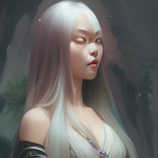 Asian Woman Portrait with White Hair, Hyperdetailed Digital ...