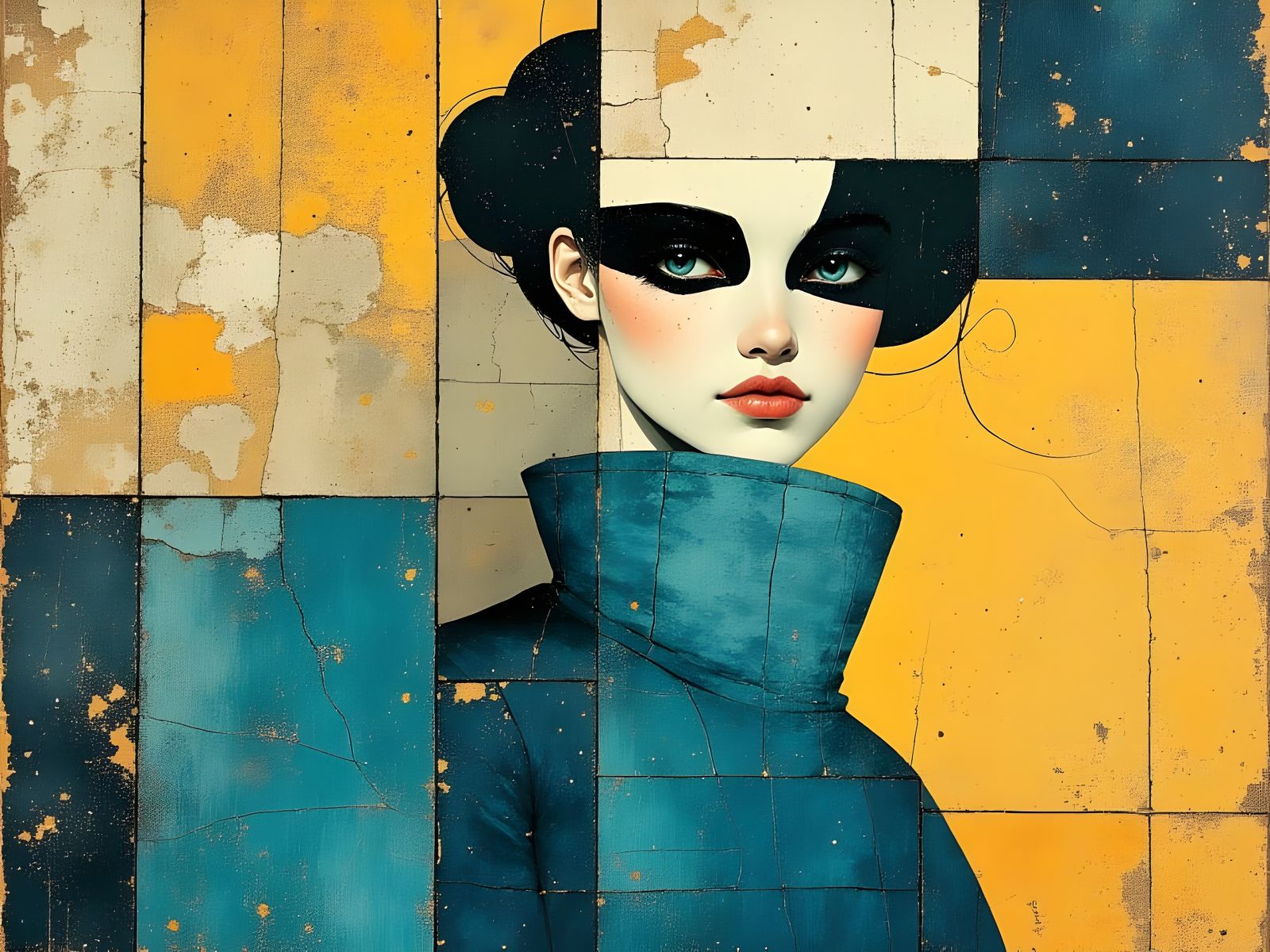 Surreal Woman in Elegant Quilted Gown, Inspired by Klimt's G...