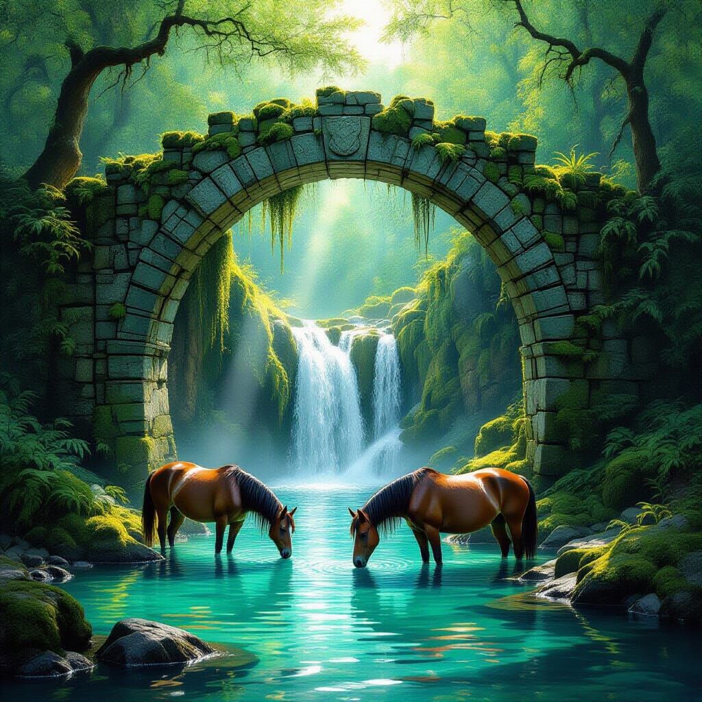 Mossy Stone Archway to Tranquil Waterfall with Horses