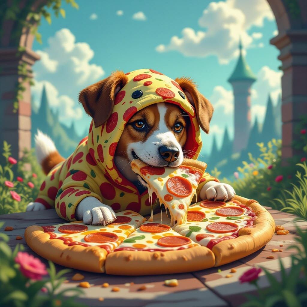 Dog in Pizza Costume Devouring Slice: Digital Painting