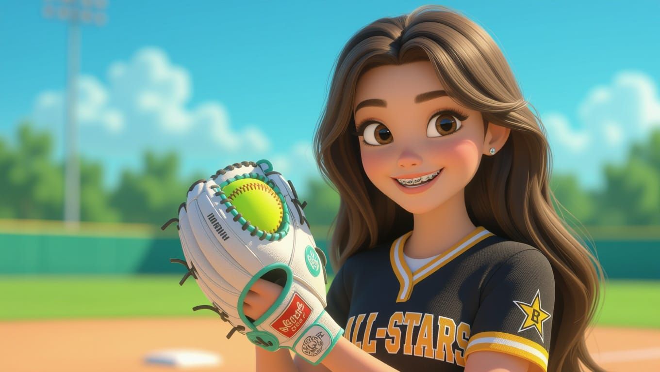 Pixar-Inspired Softball Girl in Vibrant 3D Digital Art