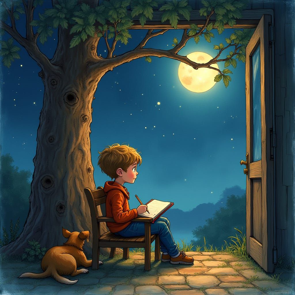 A Young Boy's Quiet Adventure Under Starry Skies