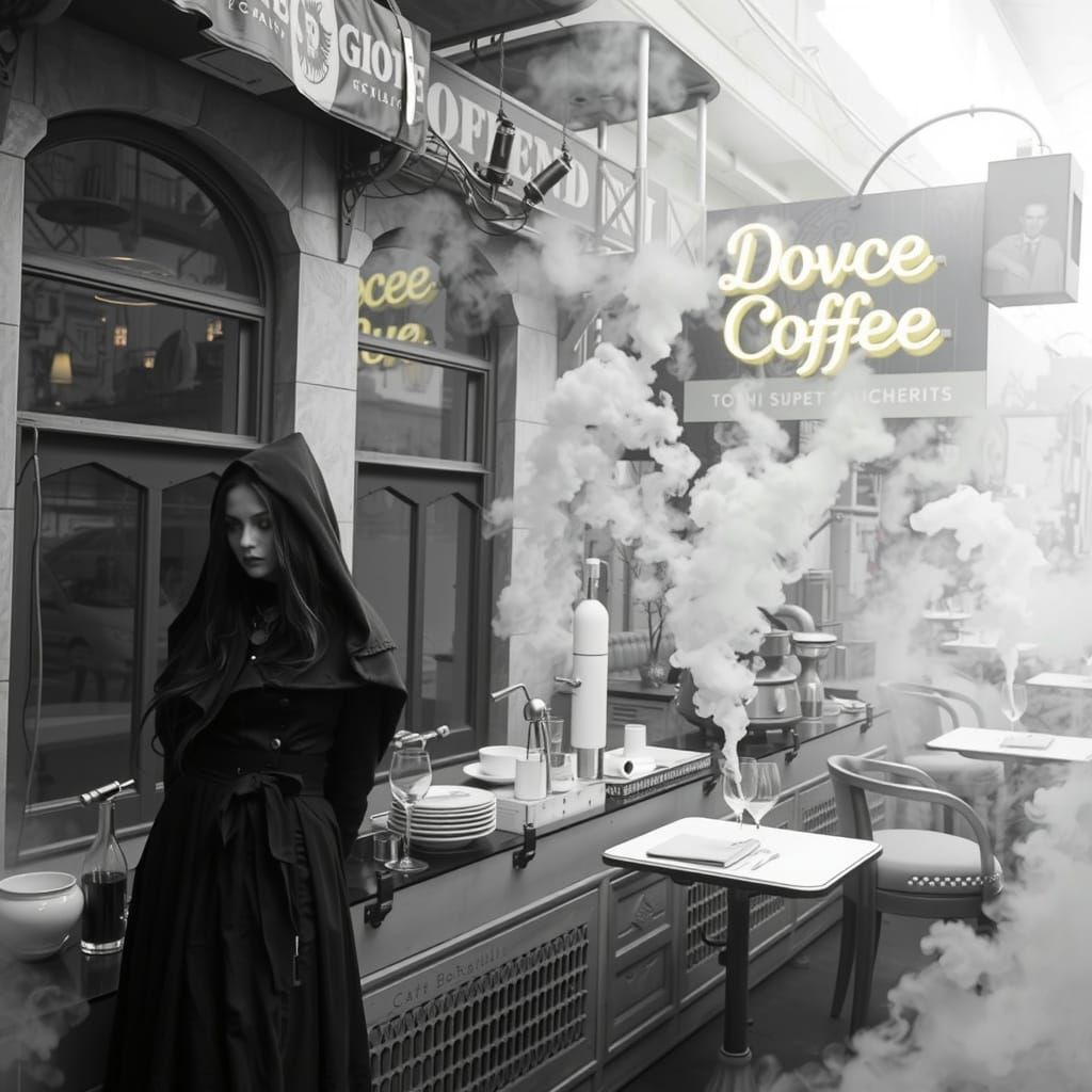 Goth Model in Biomechanical Coffee Shop