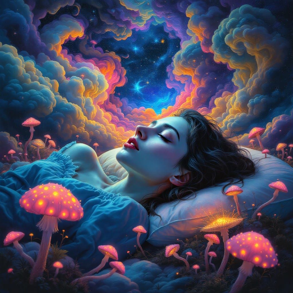 Dreamlike Surrealist Woman on a Vibrant Cloudy Pillow