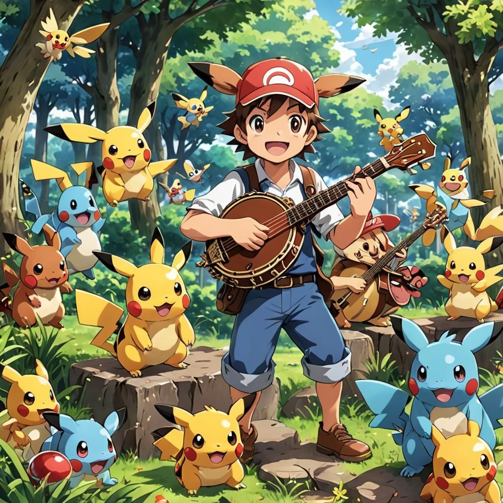Pokemon Playing Banjo in Anime Style
